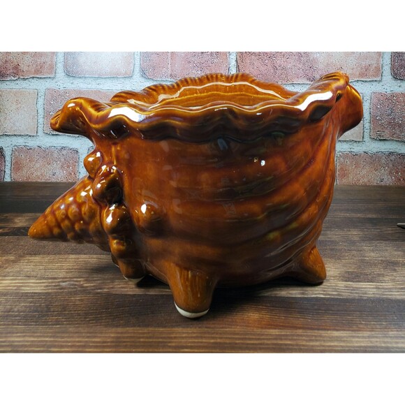 Vintage Brown Glazed Ceramic Conch Shell Planter, Seashell Nautical Decor - Picture 6 of 9